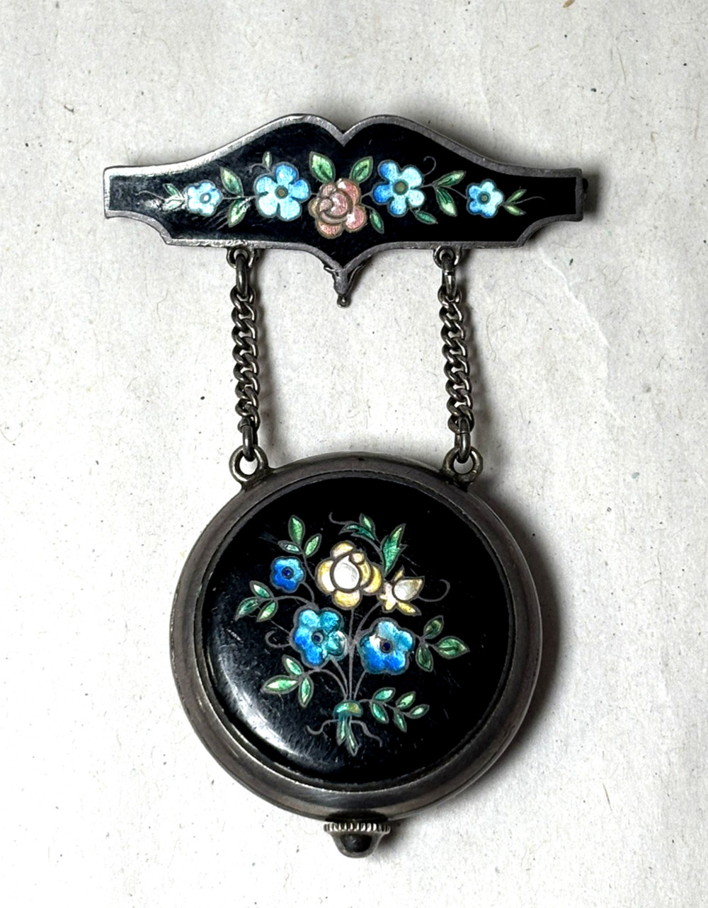 Vintage Seeland Swiss Made Sterling Silver 925 Enamel Brooch Watch